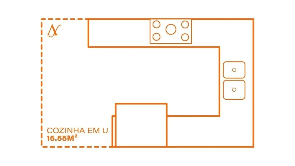 U-shaped kitchen with upper and lower cabinets, highlighting efficiency and ample storage space.