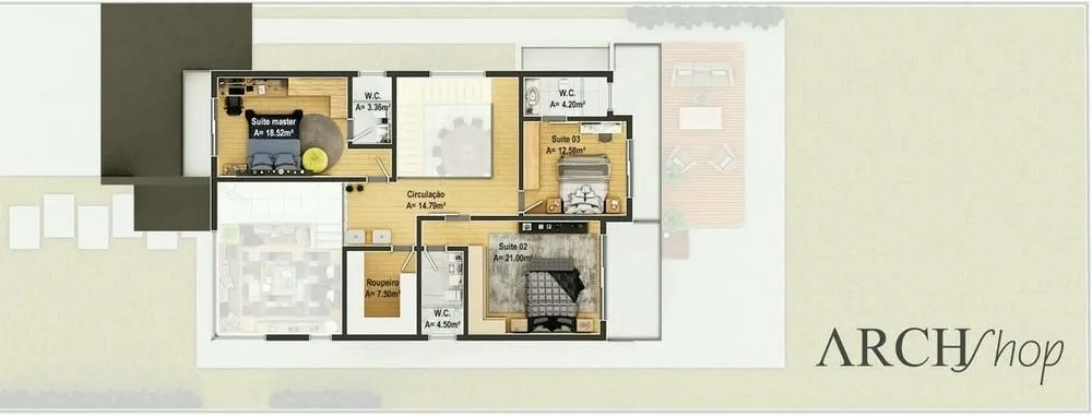 Upper floor of a four-bedroom, three-suite two-story house plan with an imposing facade.