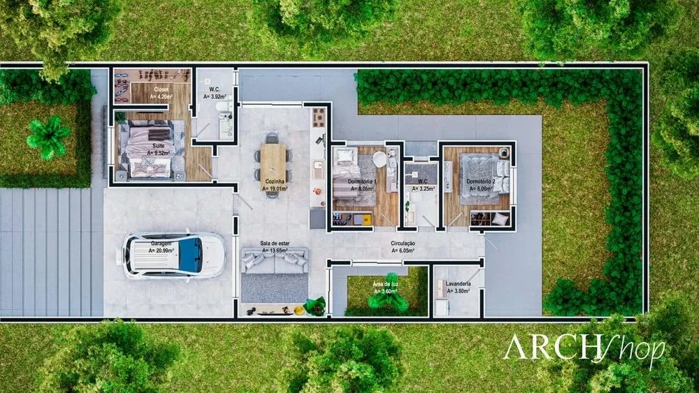 Humanized floor plan of the Uruguay Project, a single-story house with three bedrooms and minimalist facade.