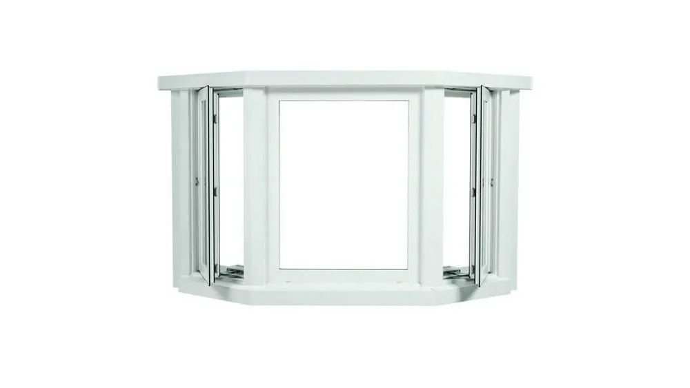 Ventana mirador blanca con múltiples paneles que sobresalen, creando un espacio adicional.