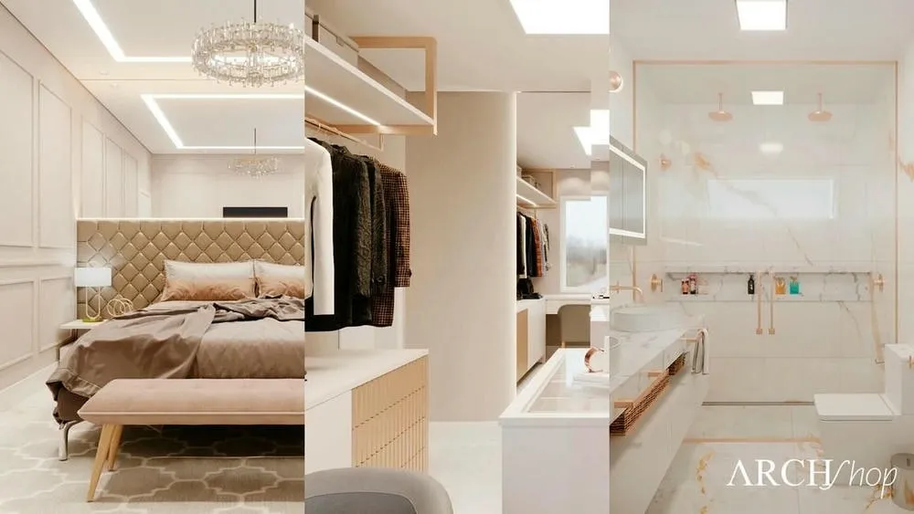 Vestidor amplio y lujoso, con diseño interno que prioriza la organización y la sofisticación en la suite principal.