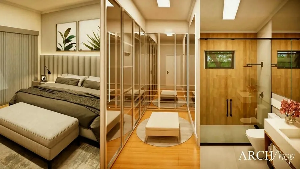 Vestidor en L amplio en la suite principal, con organización optimizada para ropa y accesorios.