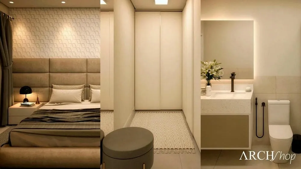 Vestidor en L cerrado en la suite principal, optimizando el espacio con organización y estilo.