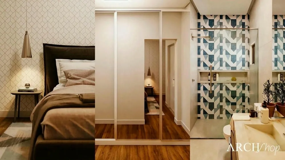Vestidor en L cerrado en suite pequeña, con diseño práctico y optimización de espacio para organización.
